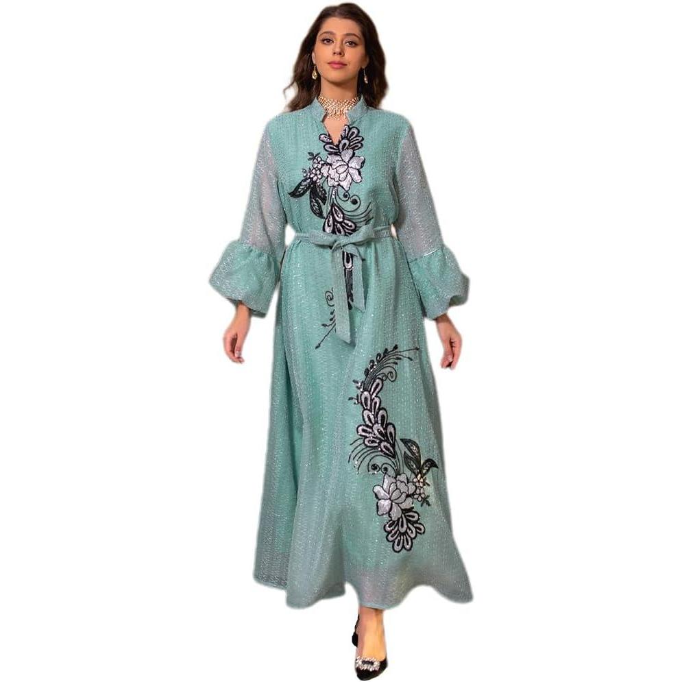 imageIDOPIP Abayas for Women Muslim Long Sleeve Embroidery Applique Maxi Kaftan Dresses Casual Loose Full Cover Islamic Dubai RobeGreen