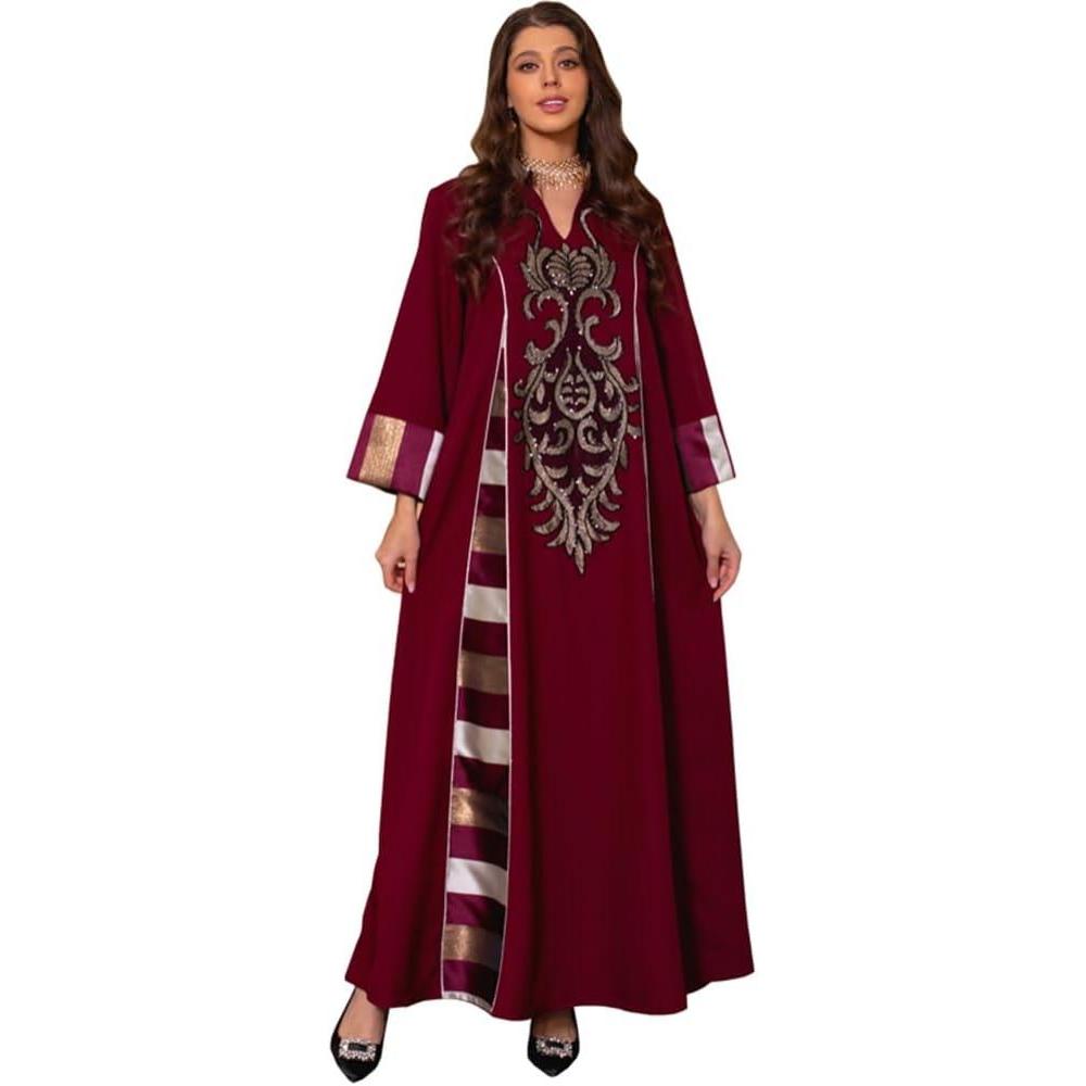imageIDOPIP Abayas for Women Muslim Long Sleeve Embroidery Applique Maxi Kaftan Dresses Casual Loose Full Cover Islamic Dubai RobeWine Red  Striped