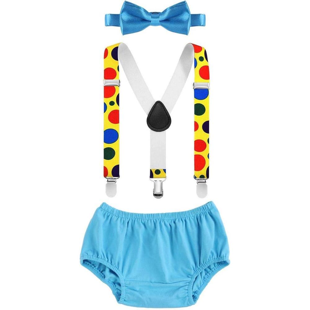 imageIDOPIP Baby Boys Circus Cake Smash Outfit Little Clown Costume 1st Birthday Diaper Cover Suspender Bowtie Set for Photo PartyBlue