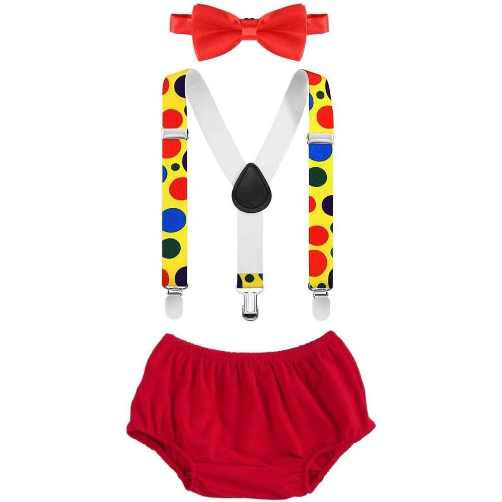 imageIDOPIP Baby Boys Circus Cake Smash Outfit Little Clown Costume 1st Birthday Diaper Cover Suspender Bowtie Set for Photo PartyRed
