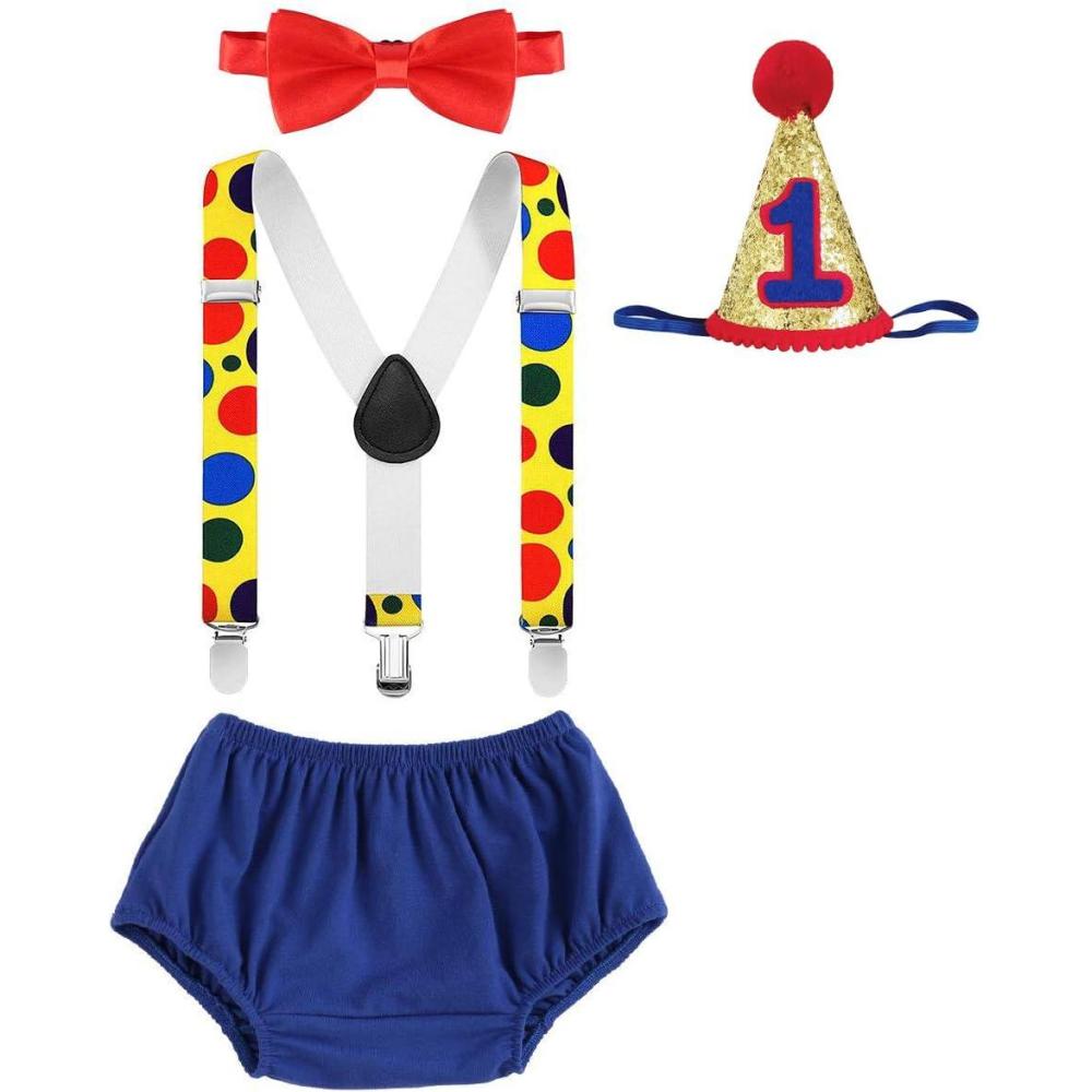 imageIDOPIP Baby Boys Circus Cake Smash Outfit Little Clown Costume 1st Birthday Diaper Cover Suspender Bowtie Set for Photo PartyRoyal Blue 4pcs