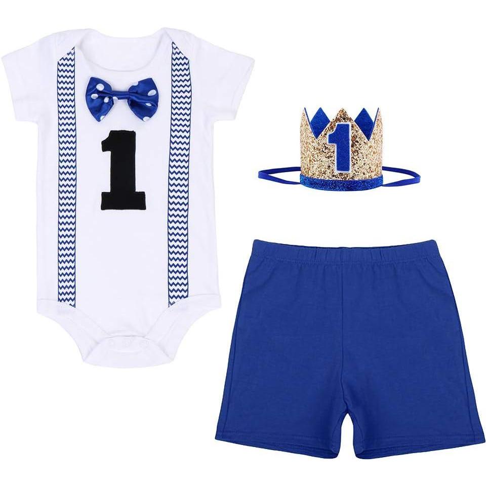 imageIDOPIP Baby Boys First Birthday Cake Smash Outfit Bowtie Romper  Shorts Bodysuit  Sequins Crown 3PCS Set Photo Prop