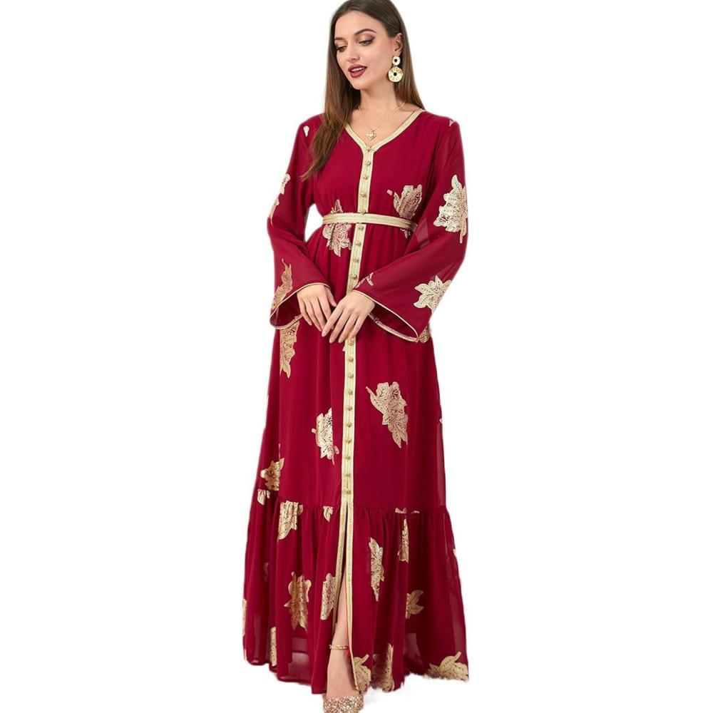 imageIDOPIP Embroidery Abayas for Women Muslim Moroccan Floral Maxi Kaftan Dress Arabic Islamic Dubai Robe Ramadan Prayer ClothesRed