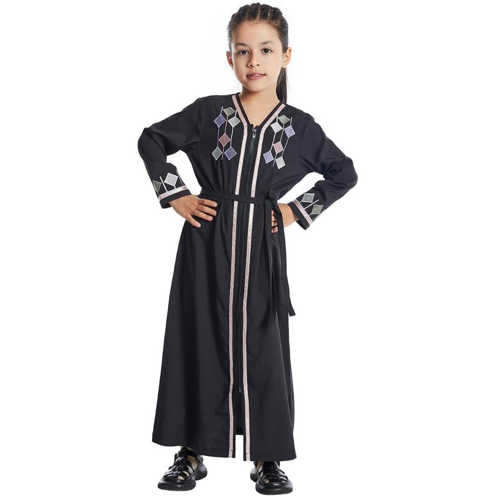 imageIDOPIP Kids Girls Muslim Abaya Dress with Belt Long Sleeve Zip Hooded Islamic Kaftan Maxi Dress Full Cover Thobe Gown ClothesBlack No Hooded