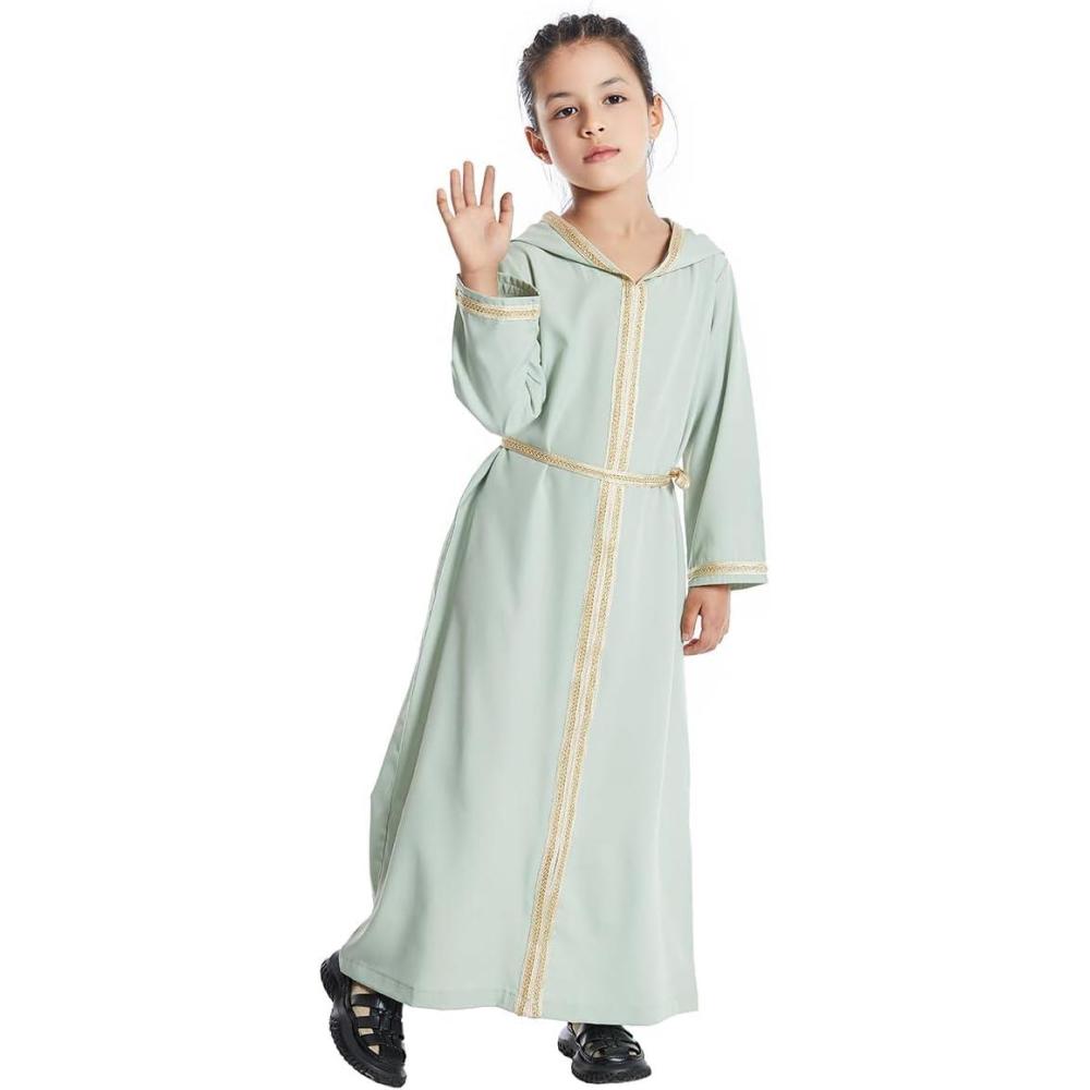 imageIDOPIP Kids Girls Muslim Abaya Dress with Belt Long Sleeve Zip Hooded Islamic Kaftan Maxi Dress Full Cover Thobe Gown ClothesGreen Hooded