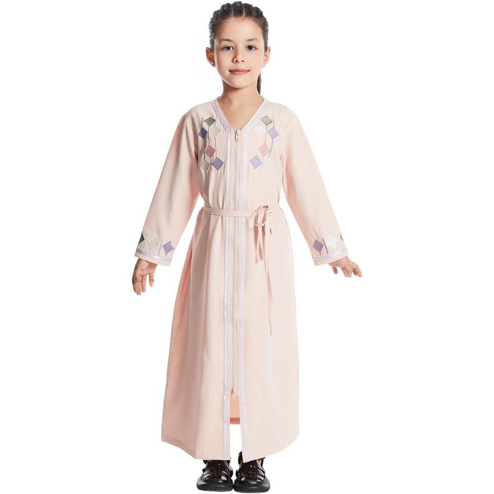 imageIDOPIP Kids Girls Muslim Abaya Dress with Belt Long Sleeve Zip Hooded Islamic Kaftan Maxi Dress Full Cover Thobe Gown ClothesPink No Hooded