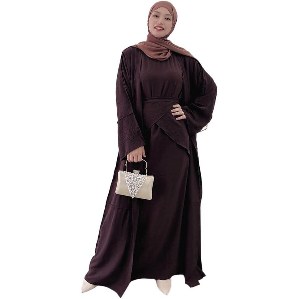 imageIDOPIP Muslim Abaya Dress for Women Long Sleeve Open Front Cardigan  Kaftan  Skirt  Hijab 34PCS Islamic Prayer Outfit SetCoffee  Hijab