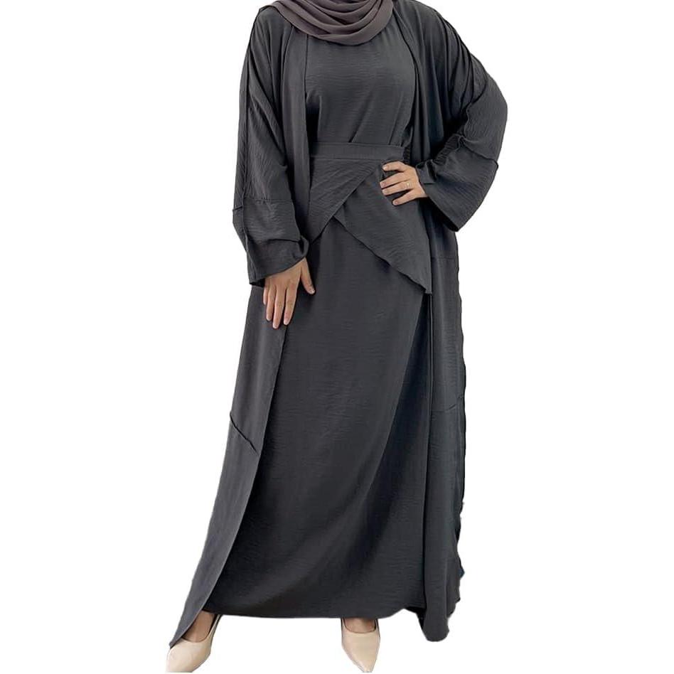 imageIDOPIP Muslim Abaya Dress for Women Long Sleeve Open Front Cardigan  Kaftan  Skirt  Hijab 34PCS Islamic Prayer Outfit SetGray No Hijab