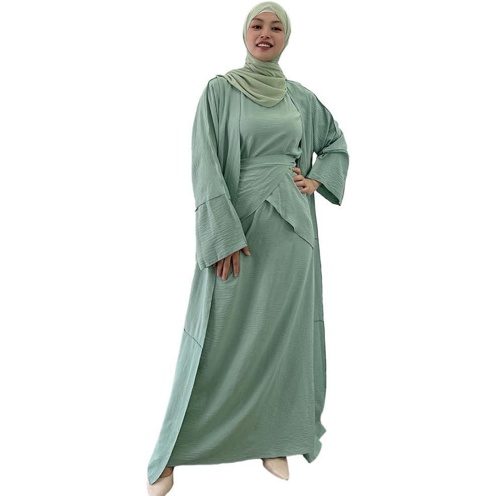 imageIDOPIP Muslim Abaya Dress for Women Long Sleeve Open Front Cardigan  Kaftan  Skirt  Hijab 34PCS Islamic Prayer Outfit SetGreen  Hijab