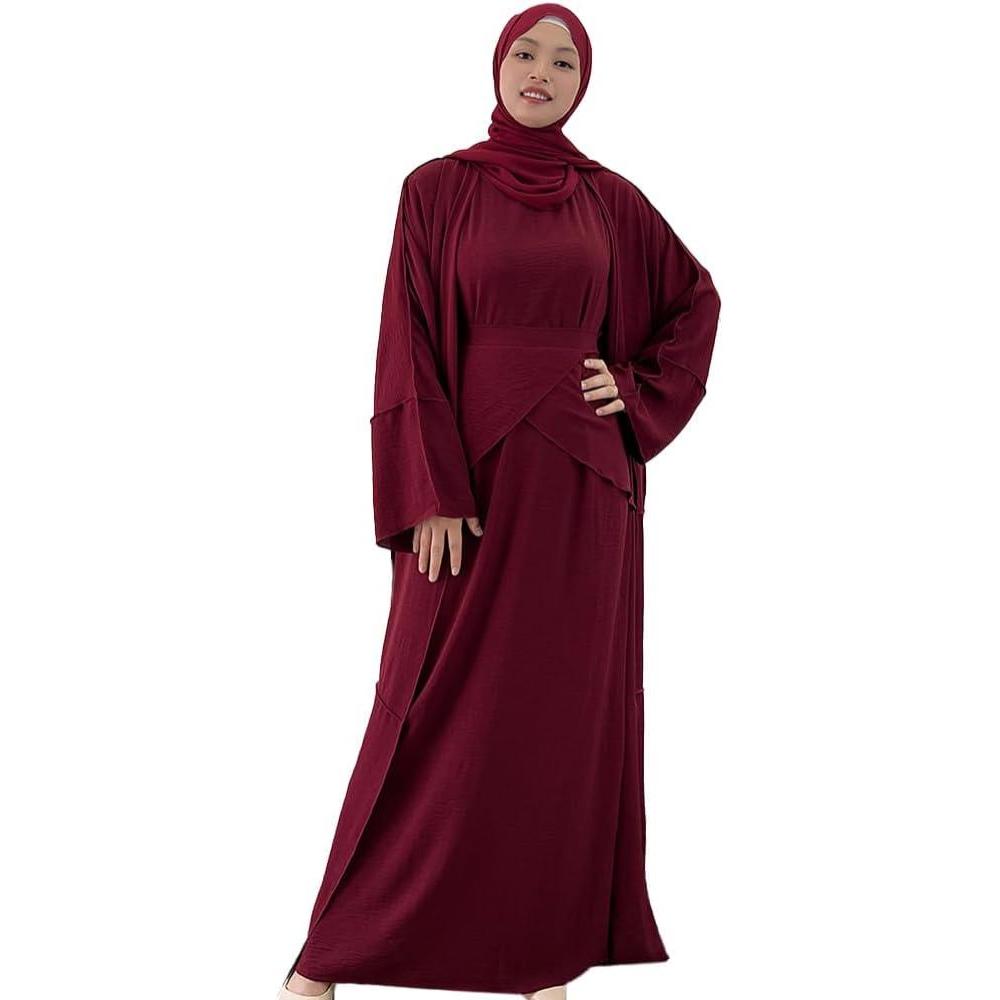 imageIDOPIP Muslim Abaya Dress for Women Long Sleeve Open Front Cardigan  Kaftan  Skirt  Hijab 34PCS Islamic Prayer Outfit SetWine Red  Hijab