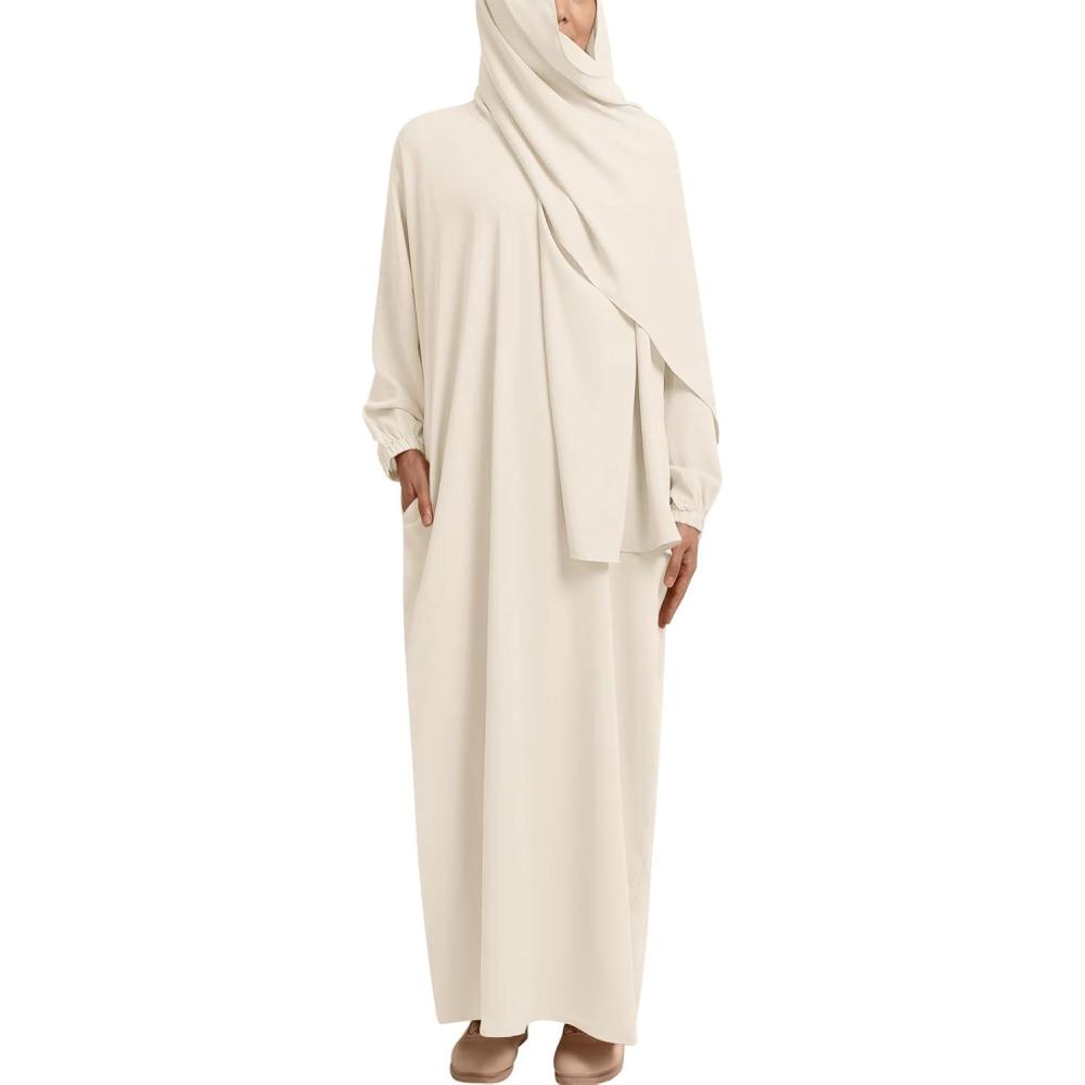 imageIDOPIP Muslim Abaya for Women One Piece Long Sleeve Islamic Prayer Dress with Hooded Hijab Jilbab Loose Maxi Kaftan Dubai Robe Full Length Cover Gown Middle East Modest Prayer Clothes Beige No1