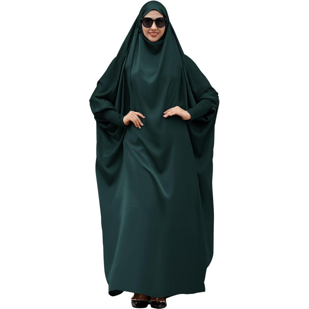 imageIDOPIP Muslim Abaya for Women One Piece Long Sleeve Islamic Prayer Dress with Hooded Hijab Maxi Kaftan Robe Modest ClothesBlackish Green