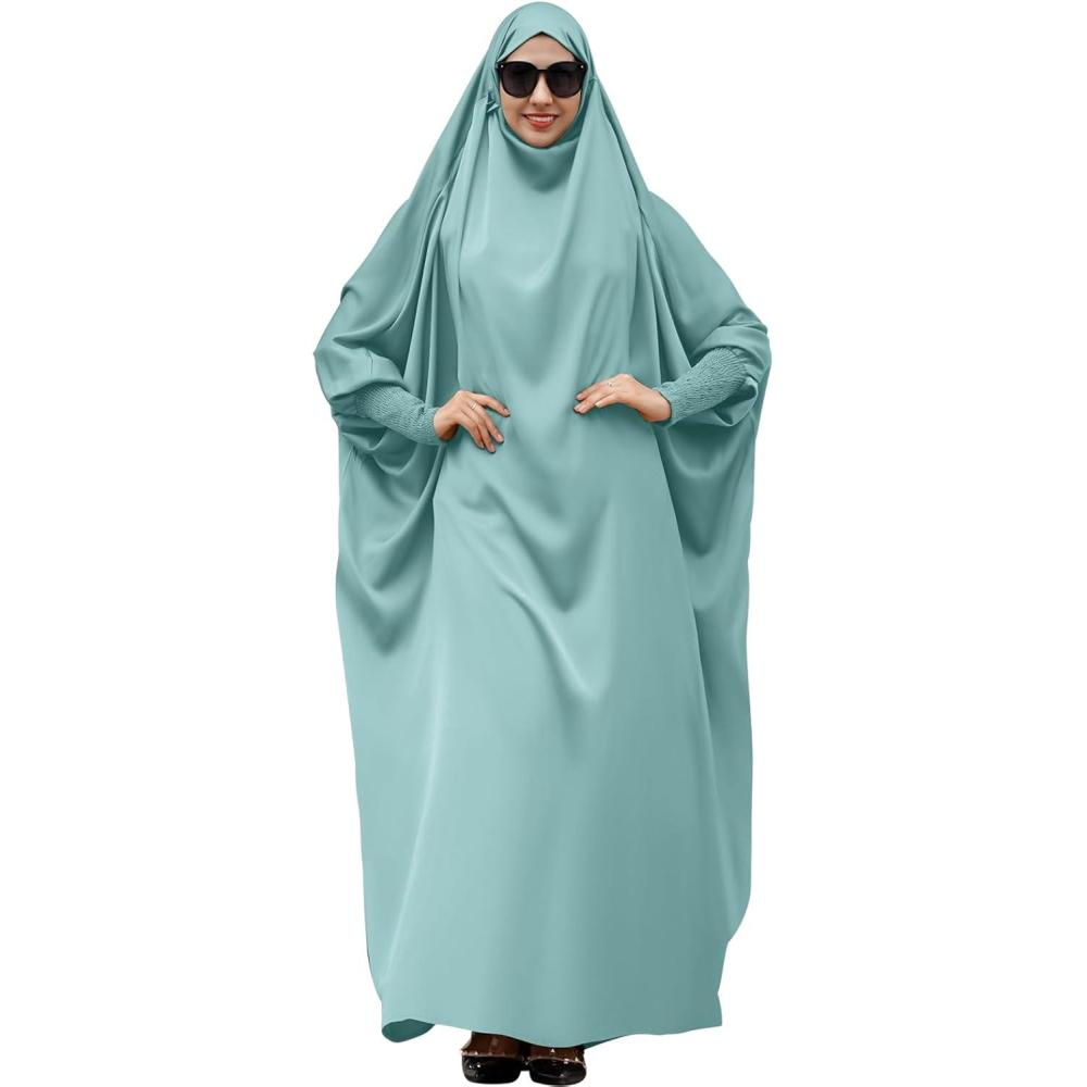 imageIDOPIP Muslim Abaya for Women One Piece Long Sleeve Islamic Prayer Dress with Hooded Hijab Maxi Kaftan Robe Modest ClothesLight Green