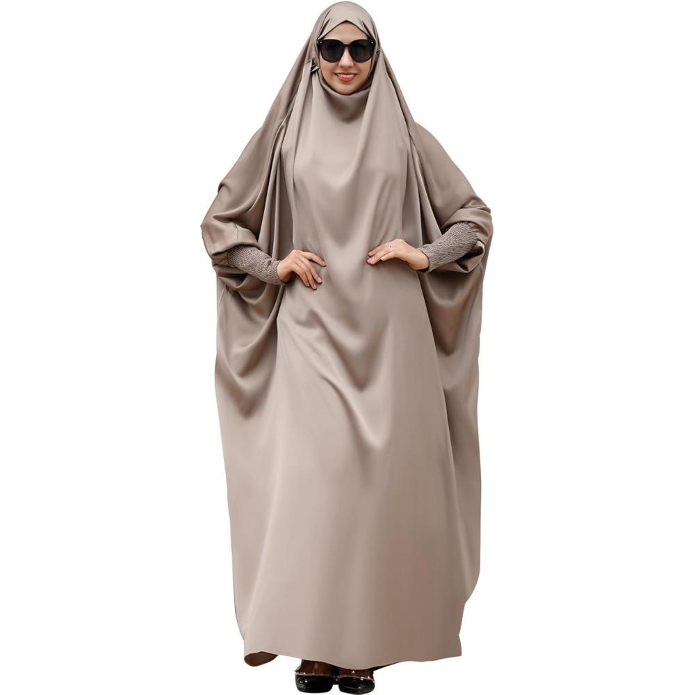 imageIDOPIP Muslim Abaya for Women One Piece Long Sleeve Islamic Prayer Dress with Hooded Hijab Maxi Kaftan Robe Modest ClothesLight Khaki