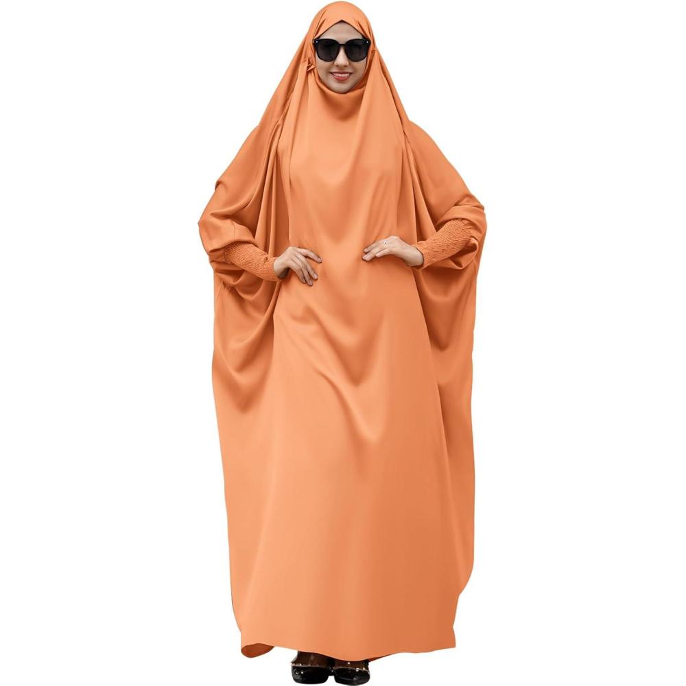 imageIDOPIP Muslim Abaya for Women One Piece Long Sleeve Islamic Prayer Dress with Hooded Hijab Maxi Kaftan Robe Modest ClothesOrange