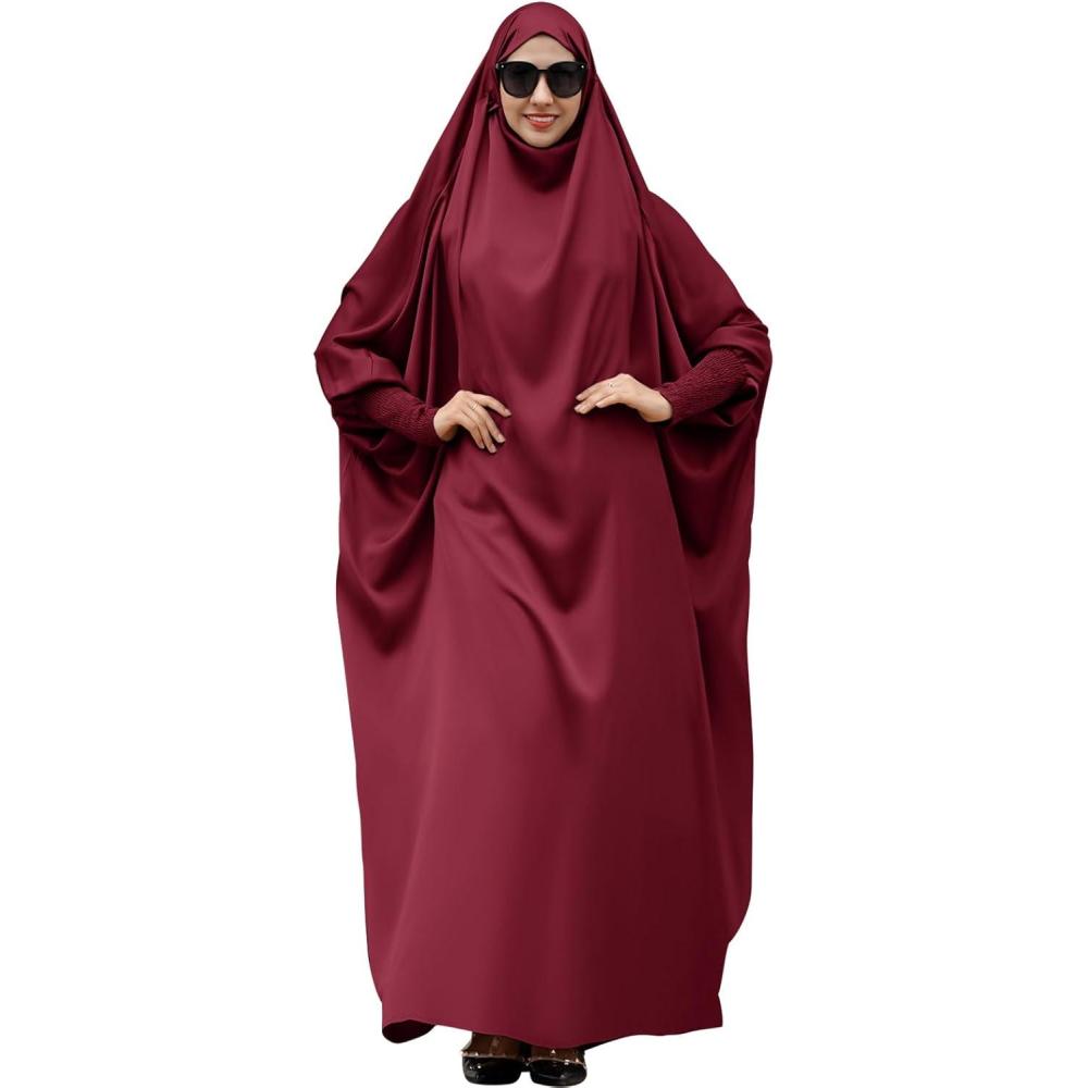 imageIDOPIP Muslim Abaya for Women One Piece Long Sleeve Islamic Prayer Dress with Hooded Hijab Maxi Kaftan Robe Modest ClothesWine Red