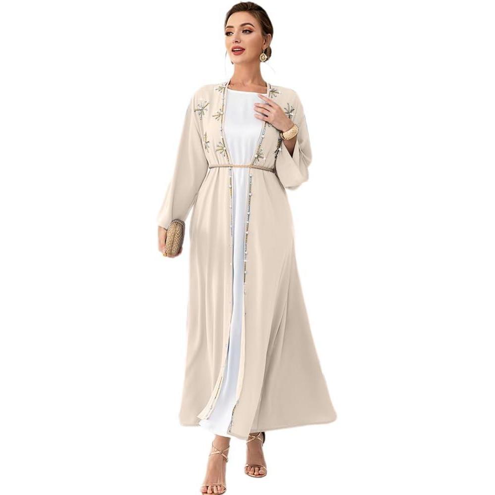 imageIDOPIP Muslim Abayas for Women Long Sleeve Open Front Cardigan Rhinestone Applique Islamic Dubai Maxi Kaftan Dress with BeltChampagne