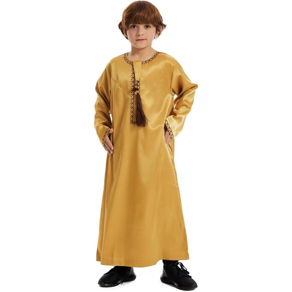 imageIDOPIP Muslim Arabic Thobe for Boys Kids Long Sleeve Islamic Arabic Kaftan Robe Embroidered Abaya Dress Clothes with PocketsGold