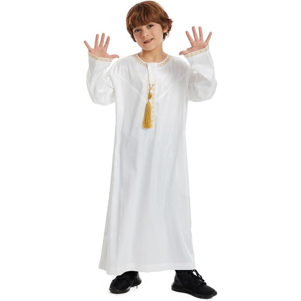 imageIDOPIP Muslim Arabic Thobe for Boys Kids Long Sleeve Islamic Arabic Kaftan Robe Embroidered Abaya Dress Clothes with PocketsWhite