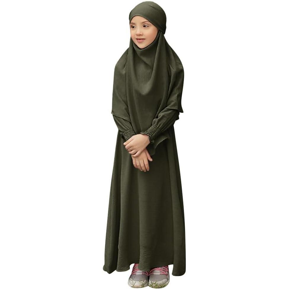 imageIDOPIP Muslim Dress for Girls Islamic Prayer Abaya Smocked Long Sleeve Kaftan Robe Dresses with Hijab Ramadan Dubai OutfitsArmy Green