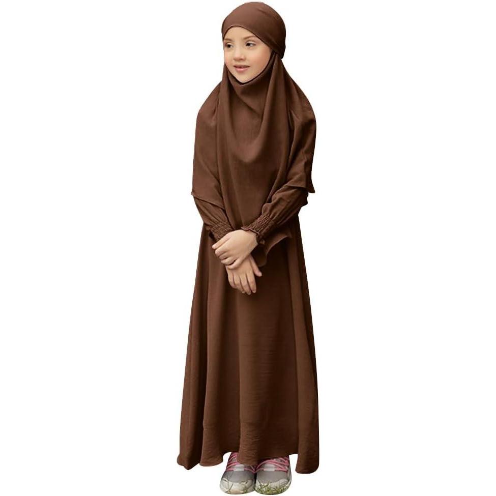 imageIDOPIP Muslim Dress for Girls Islamic Prayer Abaya Smocked Long Sleeve Kaftan Robe Dresses with Hijab Ramadan Dubai OutfitsCoffee