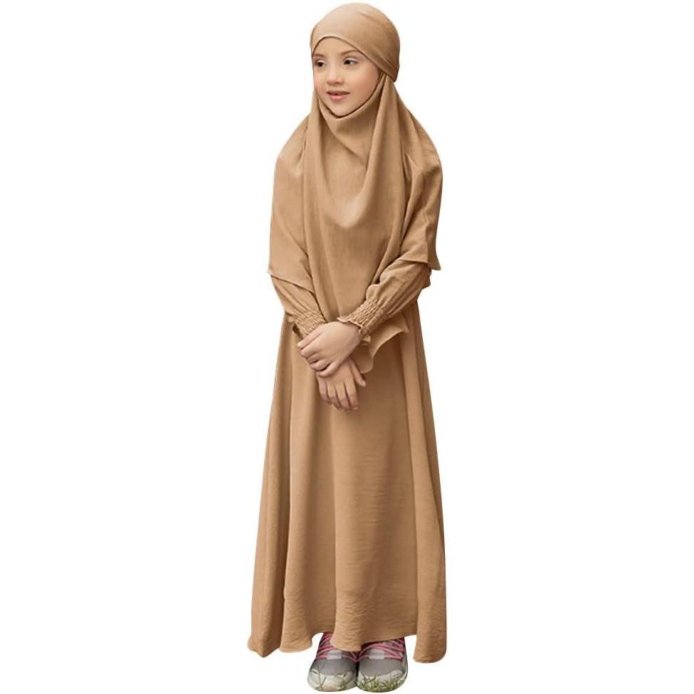 imageIDOPIP Muslim Dress for Girls Islamic Prayer Abaya Smocked Long Sleeve Kaftan Robe Dresses with Hijab Ramadan Dubai OutfitsKhaki