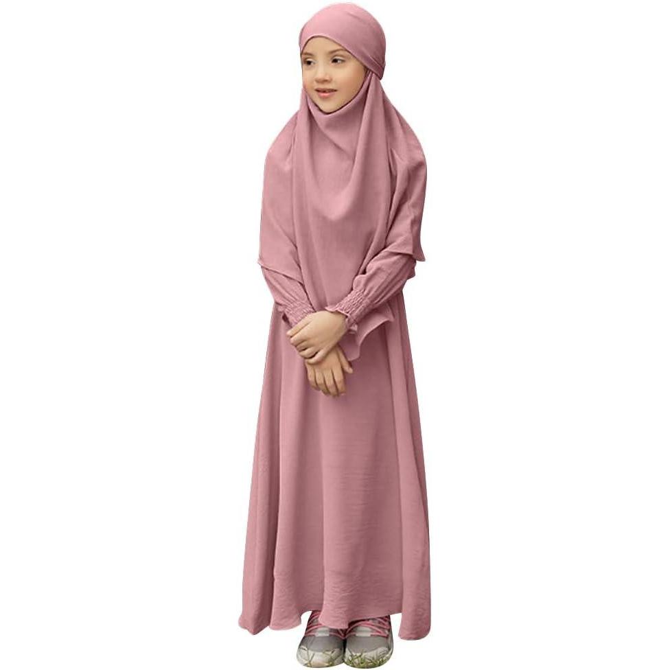 imageIDOPIP Muslim Dress for Girls Islamic Prayer Abaya Smocked Long Sleeve Kaftan Robe Dresses with Hijab Ramadan Dubai OutfitsPink