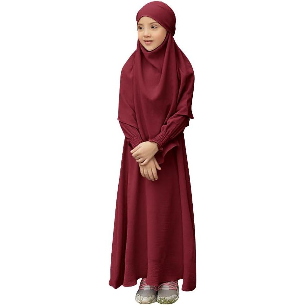 imageIDOPIP Muslim Dress for Girls Islamic Prayer Abaya Smocked Long Sleeve Kaftan Robe Dresses with Hijab Ramadan Dubai OutfitsWine Red