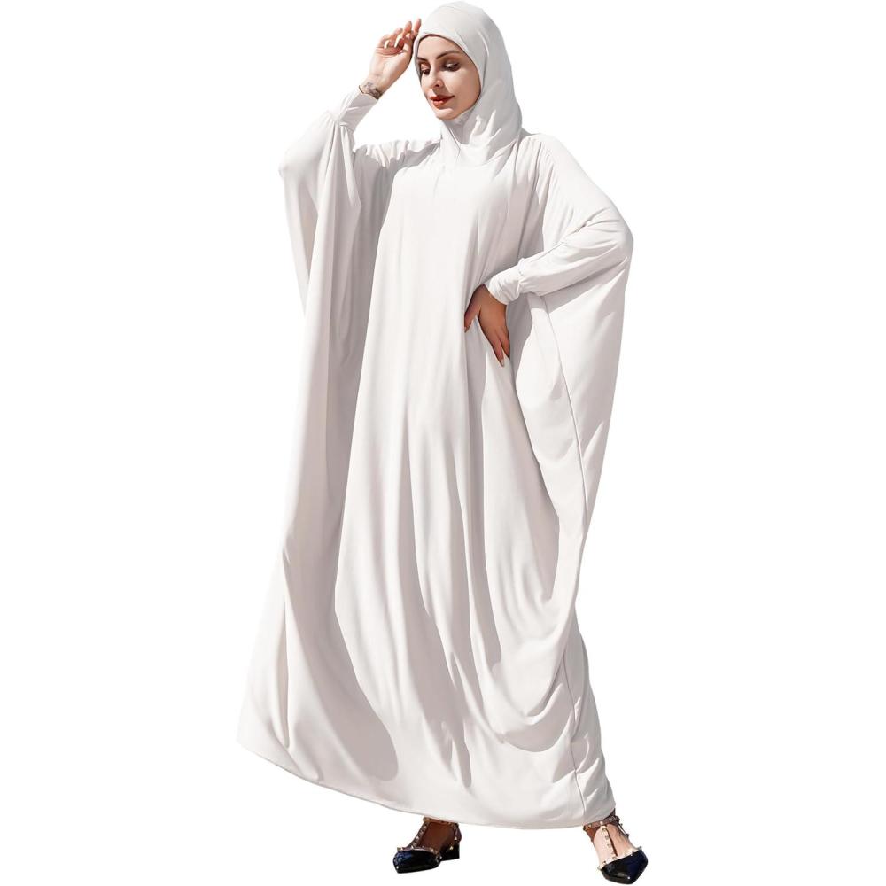 imageIDOPIP Muslim Dresses for Women One Piece Long Sleeve Islamic Prayer Ramadan Abaya Hooded Hijab Loose Maxi Kaftan Dubai RobeWhite