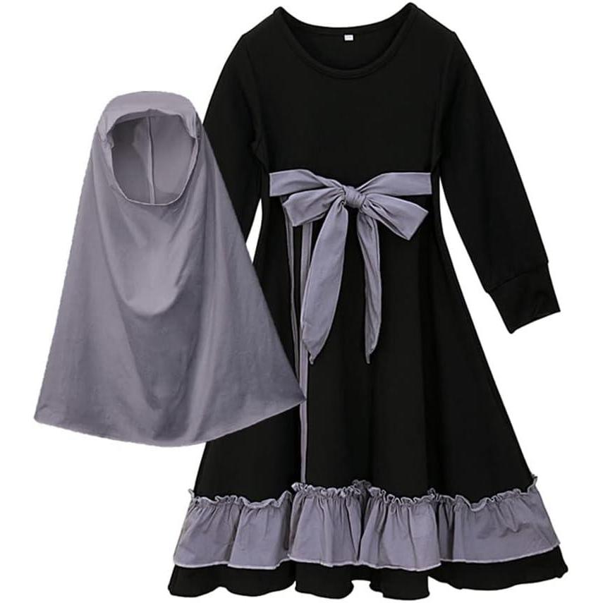 imageIDOPIP Muslim Girls Dress for Kids Long Sleeve Islamic Prayer Abaya Dress Maxi Kaftan Thobe with Hijab 2PCS Modest ClothesBlack  Bow
