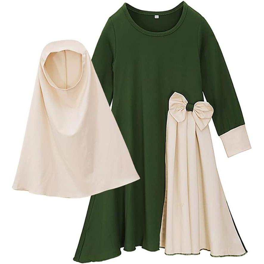imageIDOPIP Muslim Girls Dress for Kids Long Sleeve Islamic Prayer Abaya Dress Maxi Kaftan Thobe with Hijab 2PCS Modest ClothesGreen  Bow