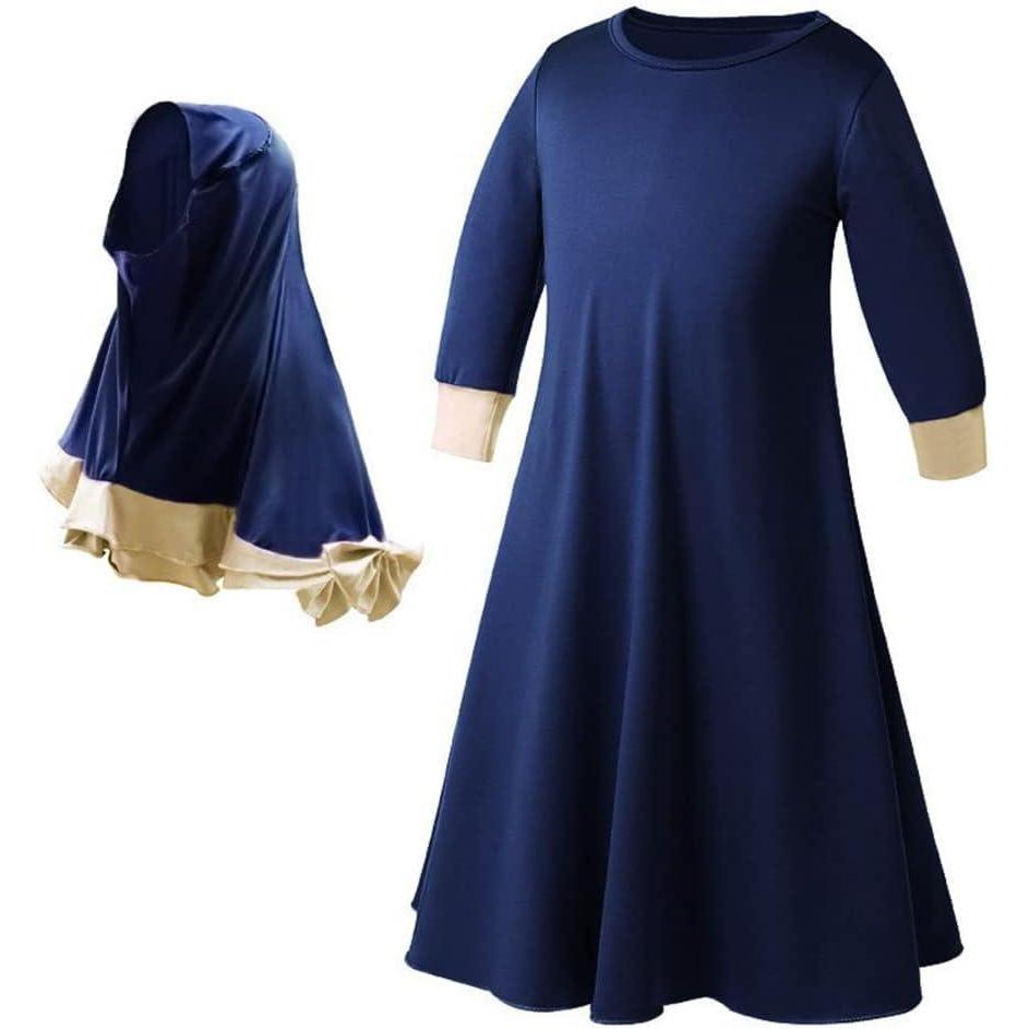 imageIDOPIP Muslim Girls Dress for Kids Long Sleeve Islamic Prayer Abaya Dress Maxi Kaftan Thobe with Hijab 2PCS Modest ClothesNavy Blue  Plain