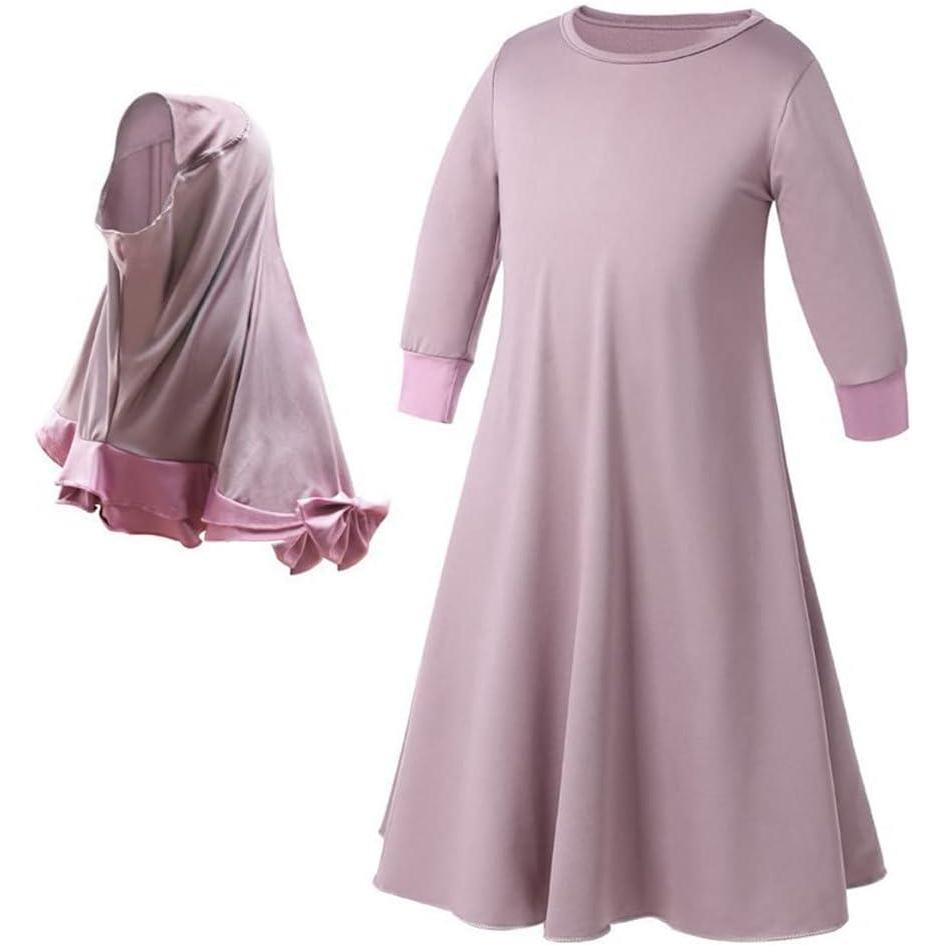 imageIDOPIP Muslim Girls Dress for Kids Long Sleeve Islamic Prayer Abaya Dress Maxi Kaftan Thobe with Hijab 2PCS Modest ClothesPurple  Plain