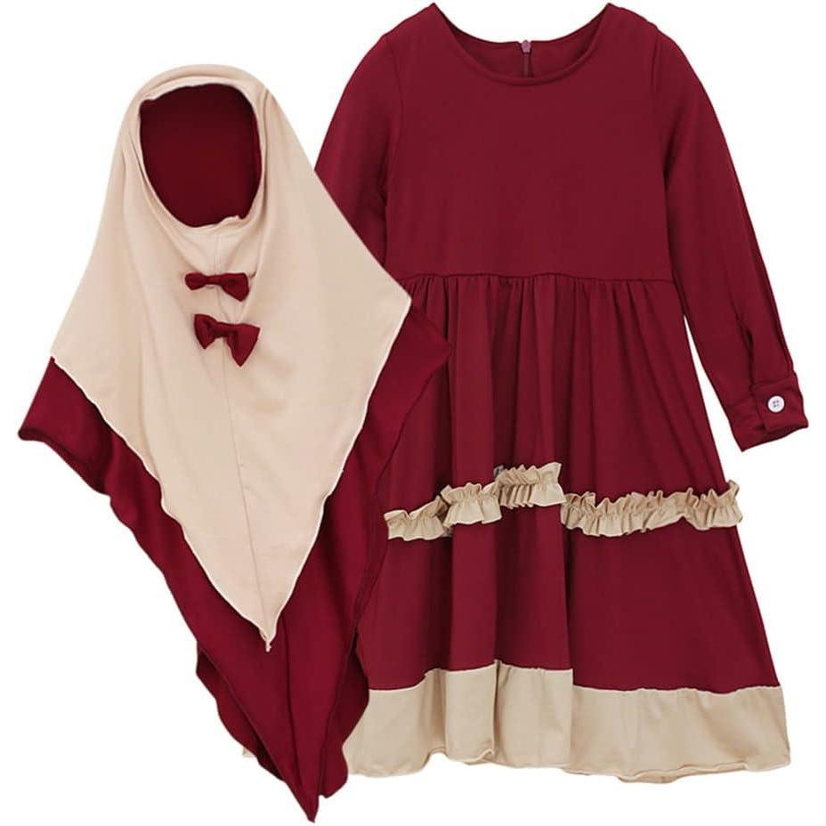 imageIDOPIP Muslim Girls Dress for Kids Long Sleeve Islamic Prayer Abaya Dress Maxi Kaftan Thobe with Hijab 2PCS Modest ClothesRed  Ruffle