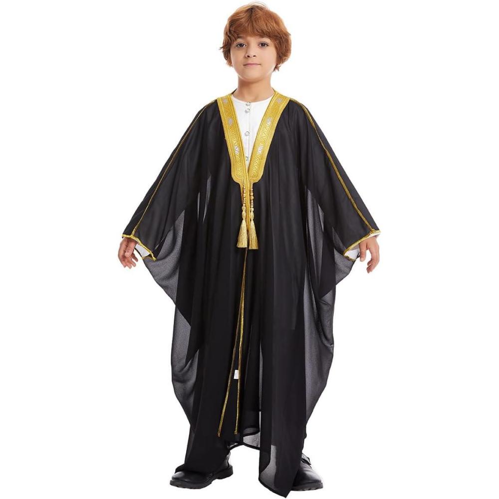 imageIDOPIP Muslim Thobe for Boys Islamic Arabic Kaftan Robe Ramadan Kids Long Sleeve Embroidery Tassels Open Front Cardigan ThobeBlack