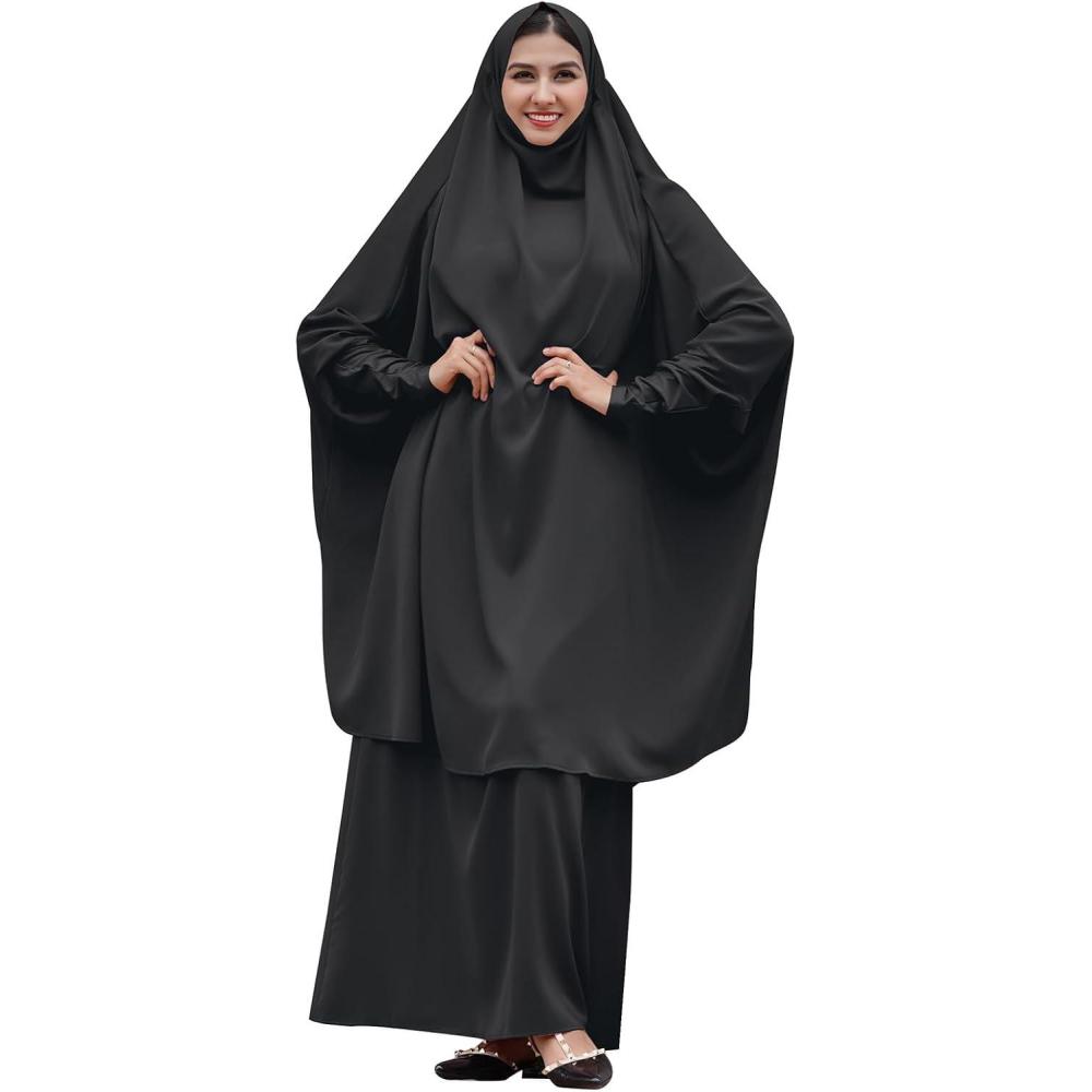 imageIDOPIP Two Pieces Jilbab Modest Dress for Muslim Women Long Maxi Khimar  Skirt with Hijab Burkas Islamic Abaya Dress OutfitBlack