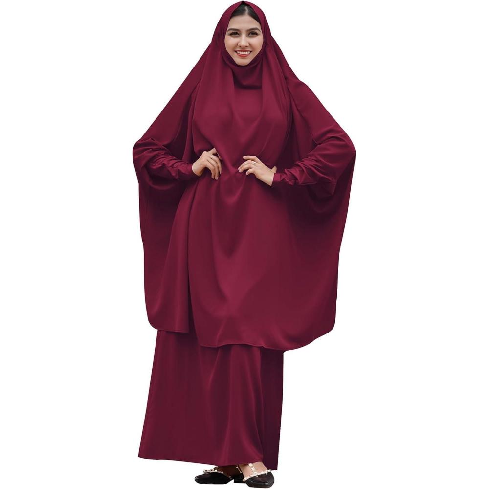 imageIDOPIP Two Pieces Jilbab Modest Dress for Muslim Women Long Maxi Khimar  Skirt with Hijab Burkas Islamic Abaya Dress OutfitWine Red