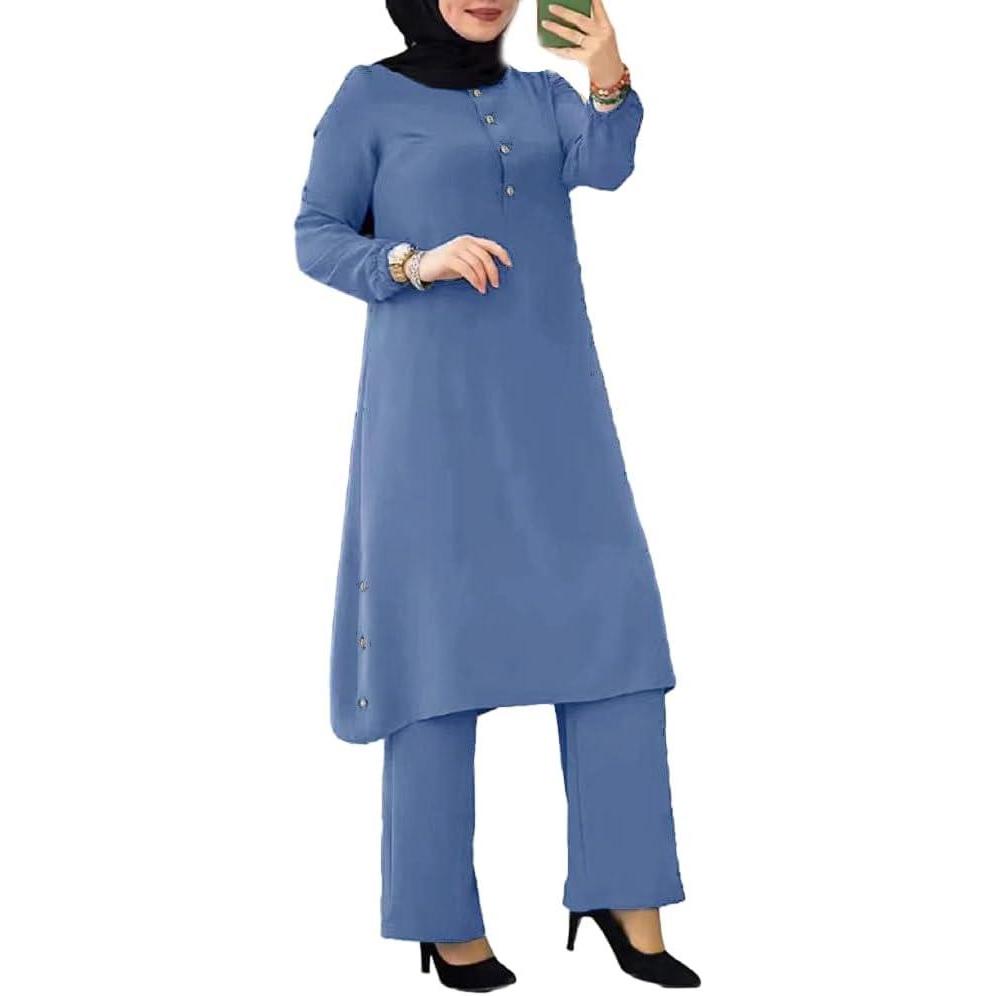 imageIDOPIP Womens Muslim Abaya Dress 2 Pieces Set Long Sleeve Button Down Shirt and Pants Casual Arabic Islamic Dubai OutfitsBlue