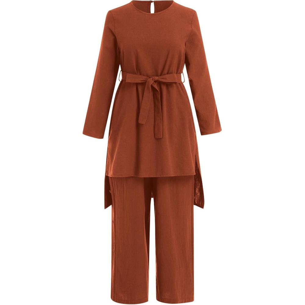 imageIDOPIP Womens Muslim Abaya Dress 2 Pieces Set Long Sleeve Button Down Shirt and Pants Casual Arabic Islamic Dubai OutfitsBrickred  Belt