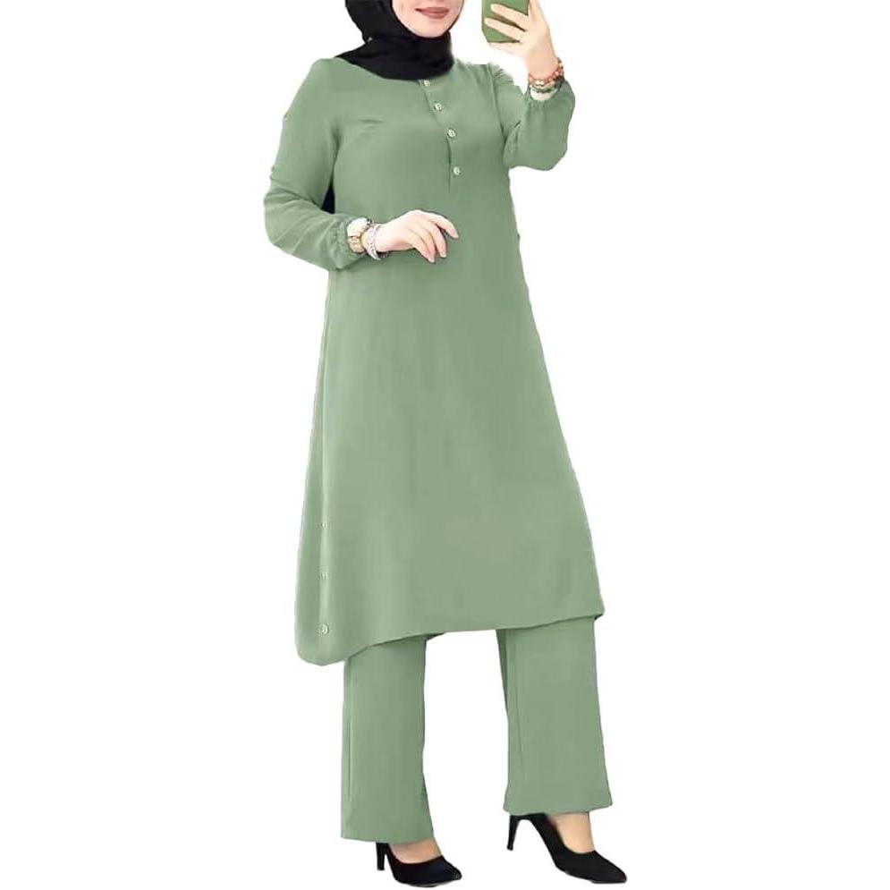 imageIDOPIP Womens Muslim Abaya Dress 2 Pieces Set Long Sleeve Button Down Shirt and Pants Casual Arabic Islamic Dubai OutfitsGreen