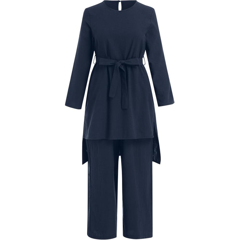 imageIDOPIP Womens Muslim Abaya Dress 2 Pieces Set Long Sleeve Button Down Shirt and Pants Casual Arabic Islamic Dubai OutfitsNavy Blue  Belt