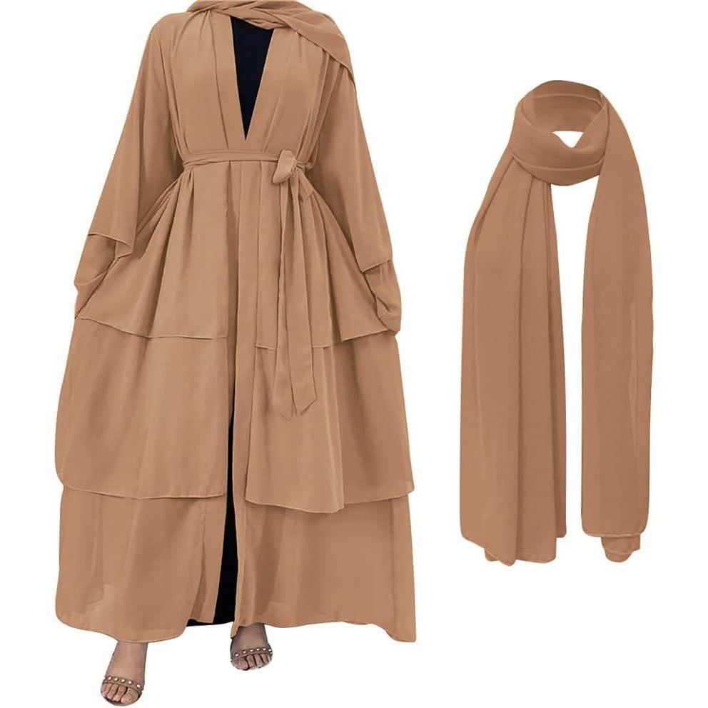 imageMuslim Abaya Dress for Women  Long Sleeve Islamic Dubai Abaya Cardigan Robe  Middle East Prayer Dress with HijabA Khaki
