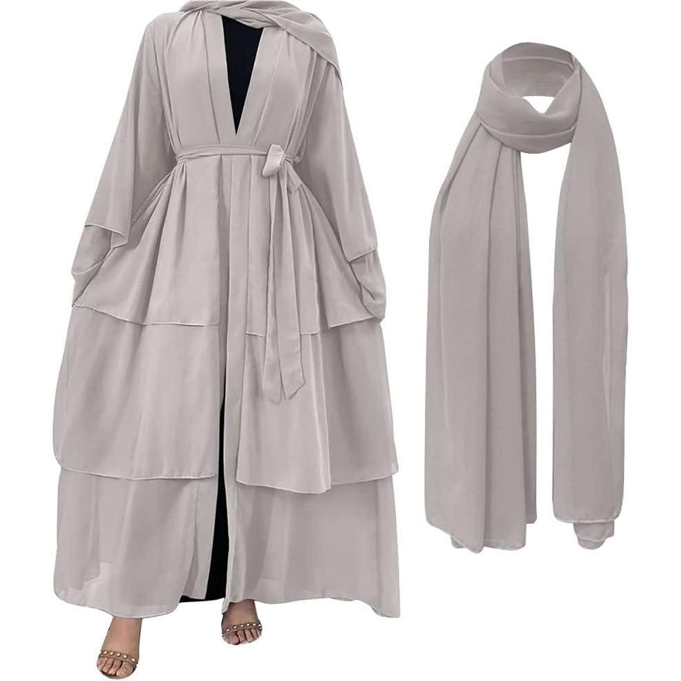 imageMuslim Abaya Dress for Women  Long Sleeve Islamic Dubai Abaya Cardigan Robe  Middle East Prayer Dress with HijabA Light Gray