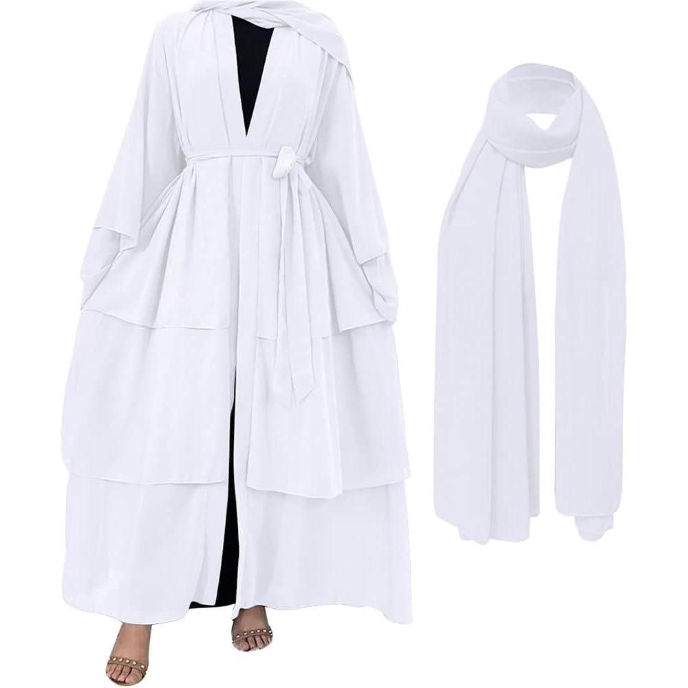 imageMuslim Abaya Dress for Women  Long Sleeve Islamic Dubai Abaya Cardigan Robe  Middle East Prayer Dress with HijabA White