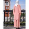 imageIDOPIP Abayas Dress for Women Muslim Outfits Long Sleeve Islamic Dress Shirt with Pants 2PCS Dubai Prayer Casual Clothes SetsPink