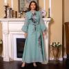 imageIDOPIP Abayas for Women Muslim Long Sleeve Embroidery Applique Maxi Kaftan Dresses Casual Loose Full Cover Islamic Dubai RobeGreen