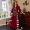 imageIDOPIP Abayas for Women Muslim Long Sleeve Embroidery Applique Maxi Kaftan Dresses Casual Loose Full Cover Islamic Dubai RobeWine Red  Striped