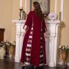 imageIDOPIP Abayas for Women Muslim Long Sleeve Embroidery Applique Maxi Kaftan Dresses Casual Loose Full Cover Islamic Dubai RobeWine Red  Striped