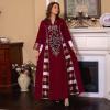 imageIDOPIP Abayas for Women Muslim Long Sleeve Embroidery Applique Maxi Kaftan Dresses Casual Loose Full Cover Islamic Dubai RobeWine Red  Striped