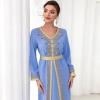 imageIDOPIP Embroidery Abayas for Women Muslim Moroccan Floral Maxi Kaftan Dress Arabic Islamic Dubai Robe Ramadan Prayer ClothesBlue